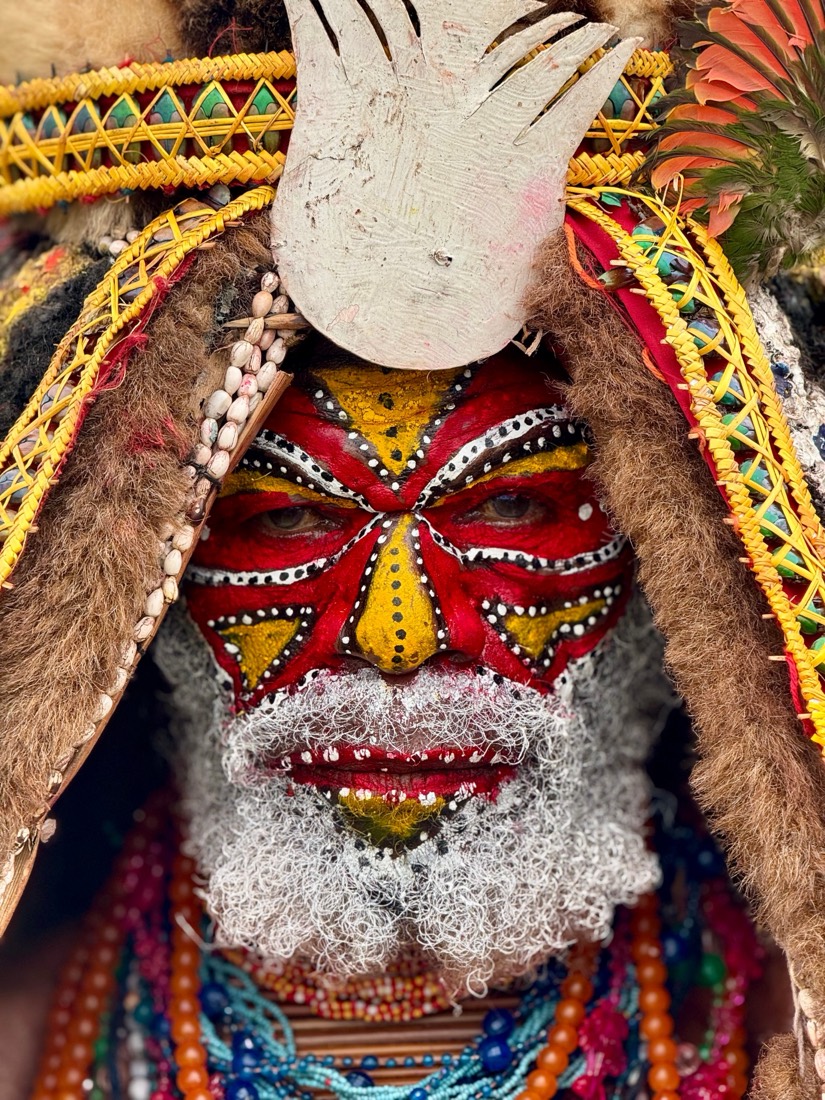 A Highlands elder in red and yellow face paint, a white beard of fluff and a crescent shell on his brow, Papua New Guinea