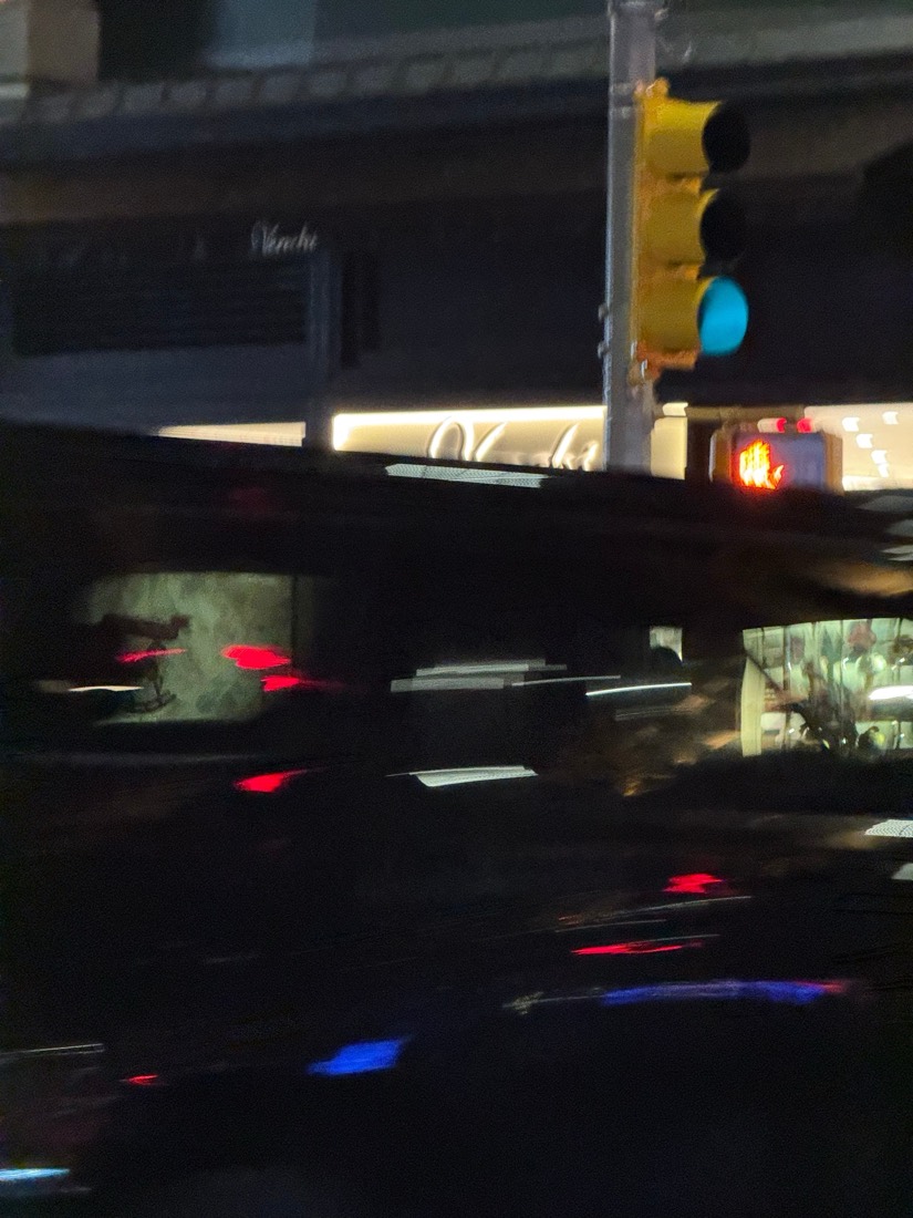 A traffic light and blurred tail lights on a dark New York street at night