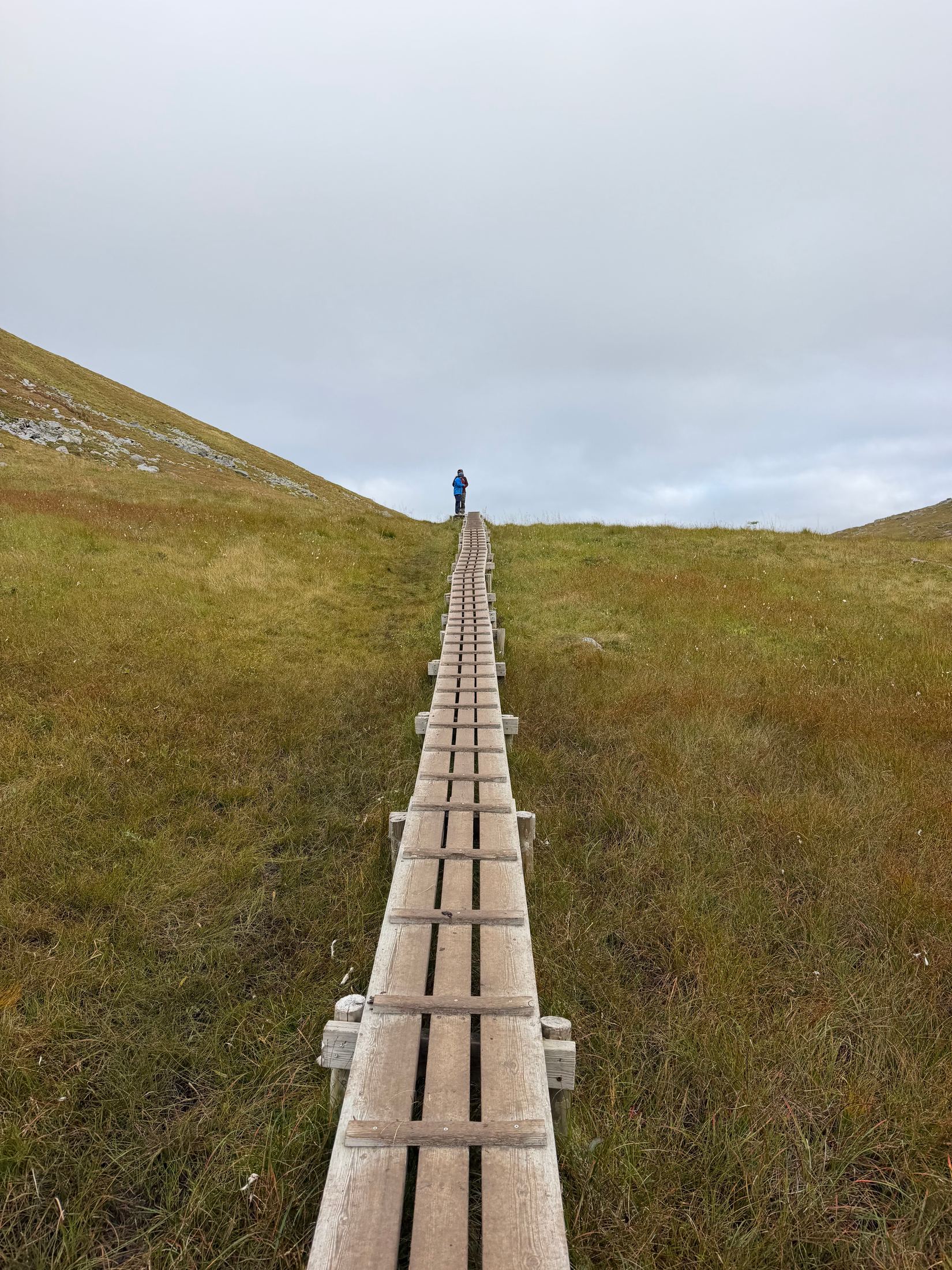 Hiker at the end of a long wooden boardwalk crossing a grassy valley under grey sky