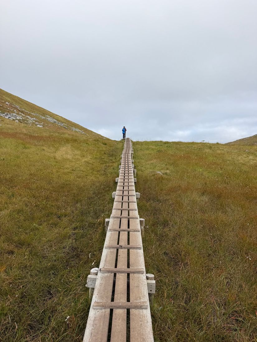 Hiker at the end of a long wooden boardwalk crossing a grassy valley under grey sky
