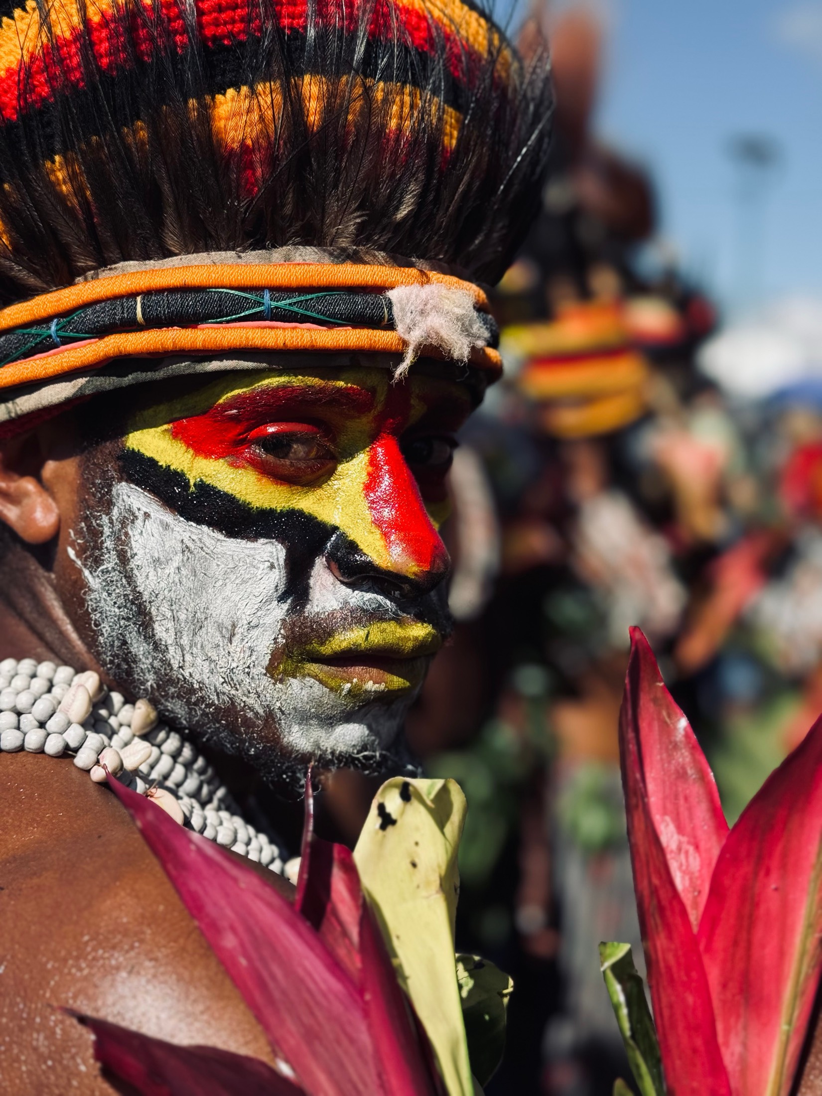 A man in yellow and red face paint and a striped woven headdress, cordyline leaves in front, at a Highlands sing-sing in Papua New Guinea